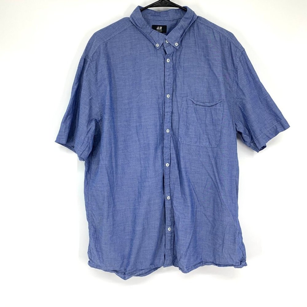 H&M Mens Shirt Regular Fit Blue Button Down Short Sleeve Oxford - Picture 1 of 10